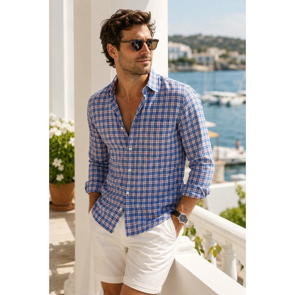 Frank & Eileen Paul Shirt Men's Medium Blue Red Plaid Button Down Italian Fabric